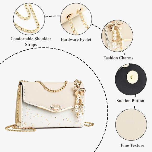 Beige PU Leather Glitter Handbag with Heart & Pearl Decor, Versatile Style - Picture 4 of 9